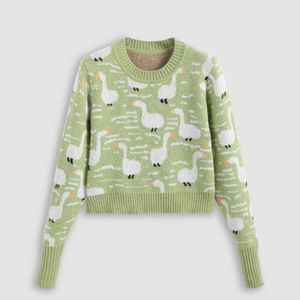 Cider Duck Pattern Round Neckline Crop Sweater Green/Size L nwt